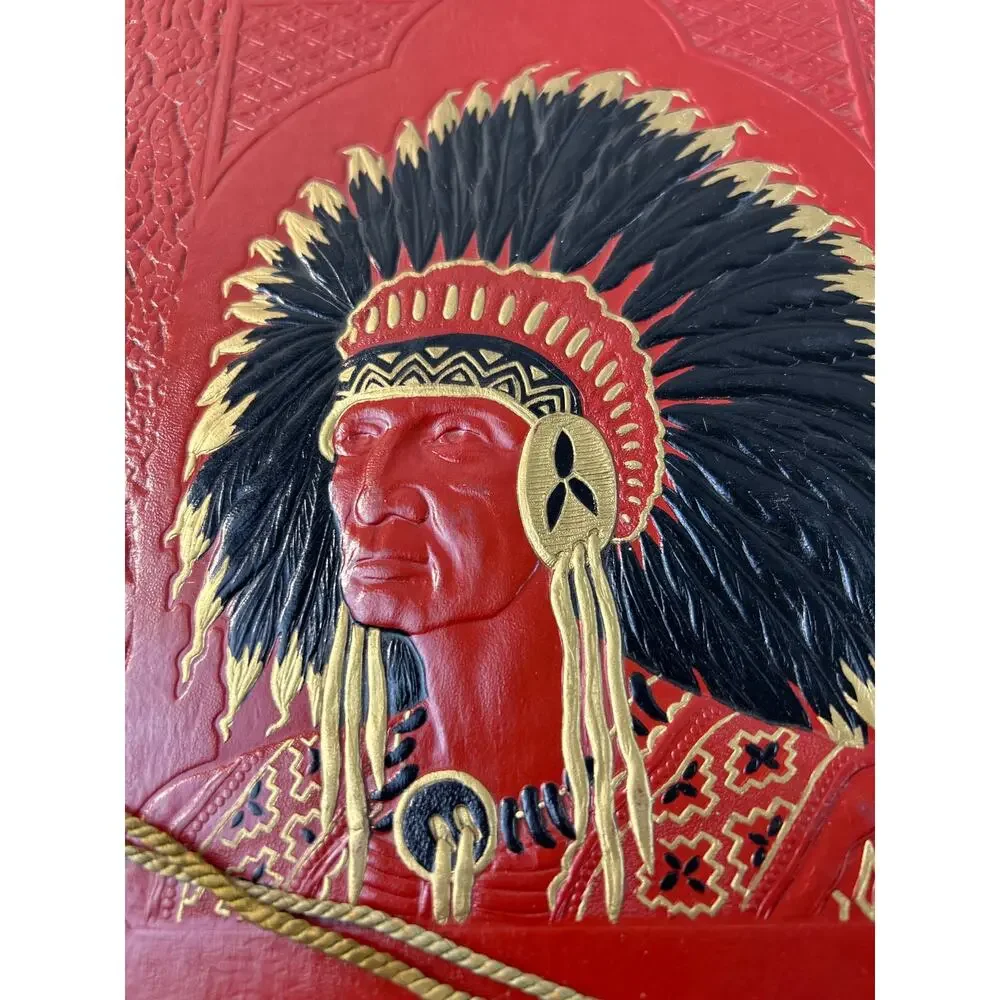Vintage 1940s Embossed Native American Chief Scrapbook Red Faux Leather Album